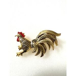 Vintage Beautiful Damascene Rooster Brooch Marked Spain